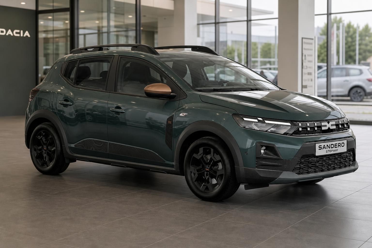 Dacia Sandero Stepway in Gruen, Seitenansicht im Autohaus