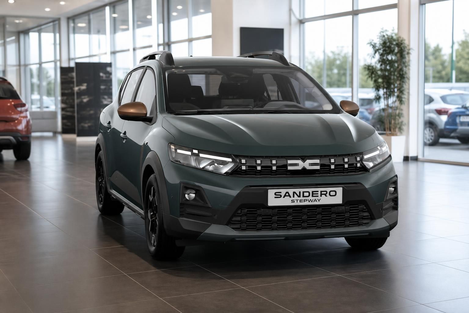 Dacia Sandero Stepway in Gruen, Frontansicht im Autohaus