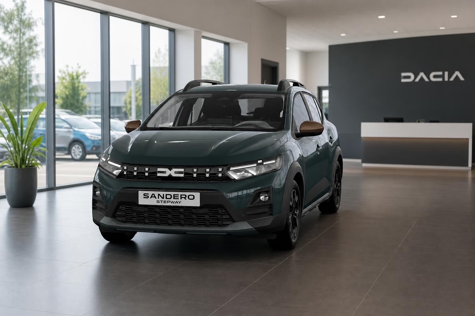 Dacia Sandero Stepway Frontansicht in Gruen im Showroom