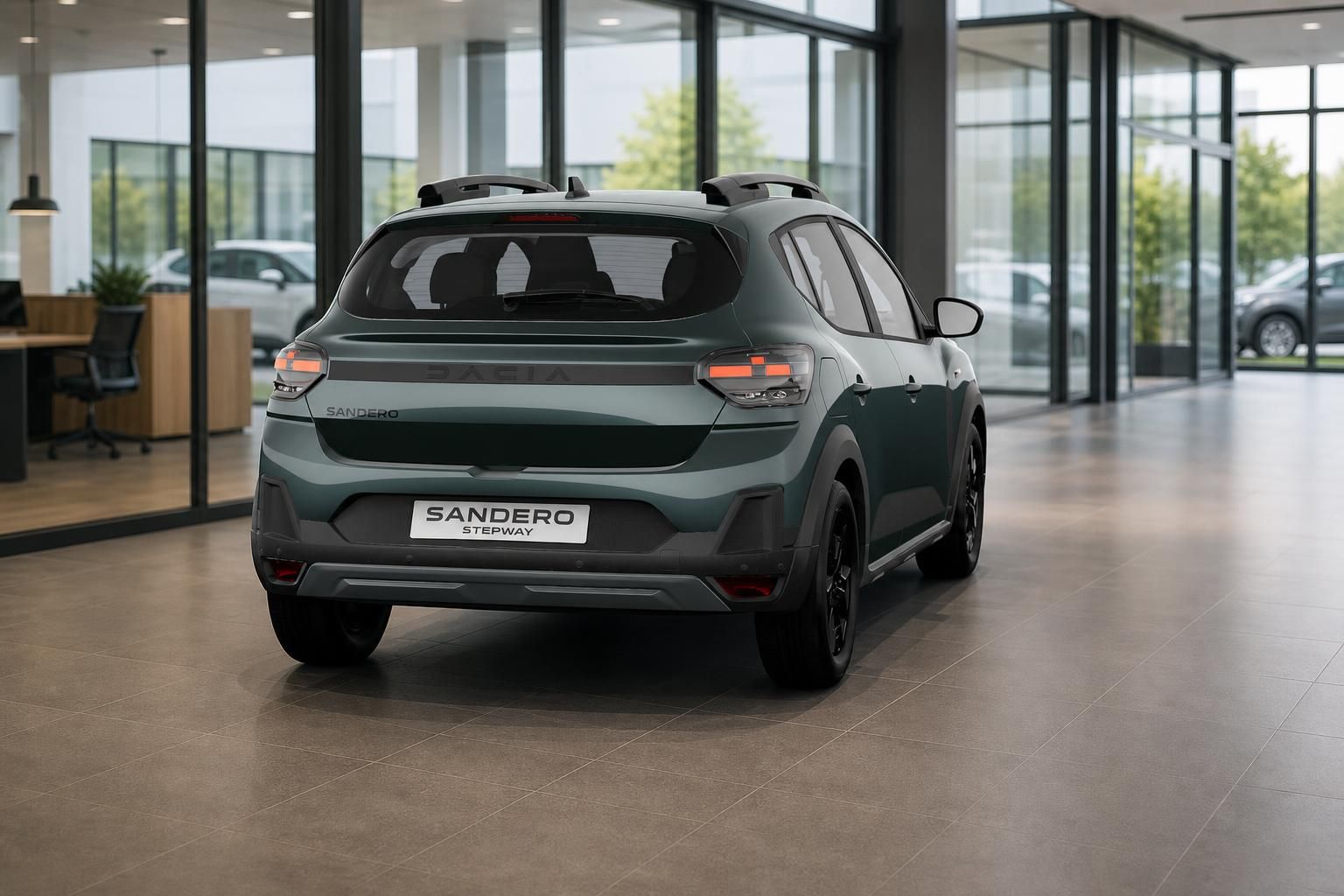 Dacia Sandero Stepway in Gruen, Heckansicht im Autohaus-Showroom