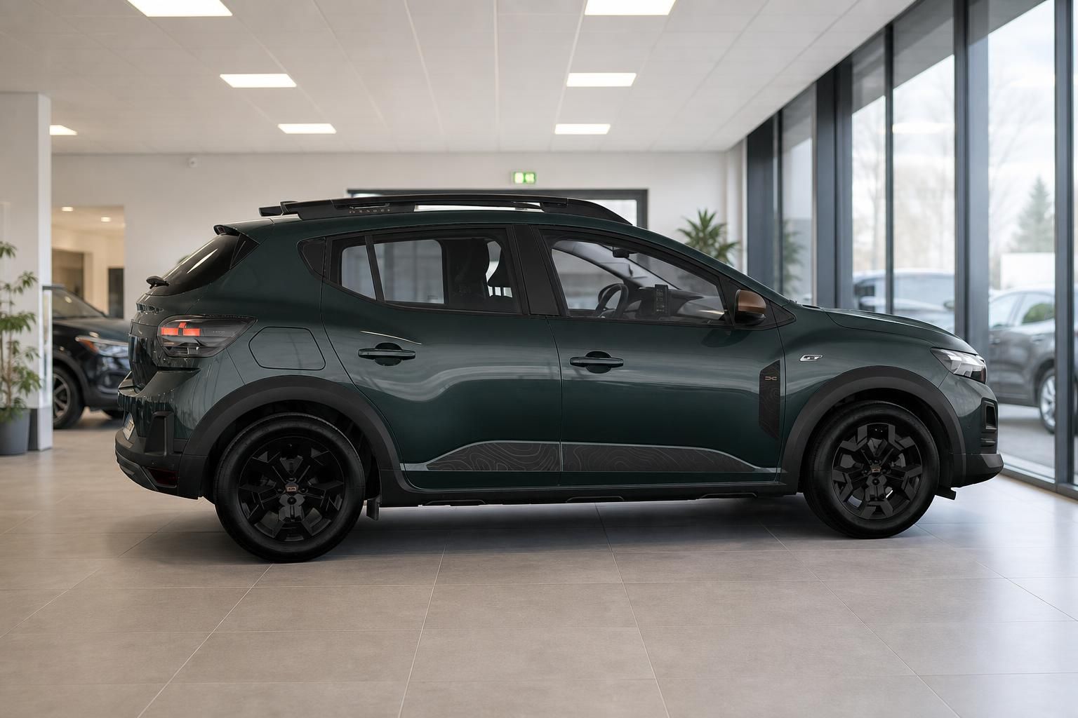 Dacia Sandero Stepway gruen, seitliche Ansicht im Showroom