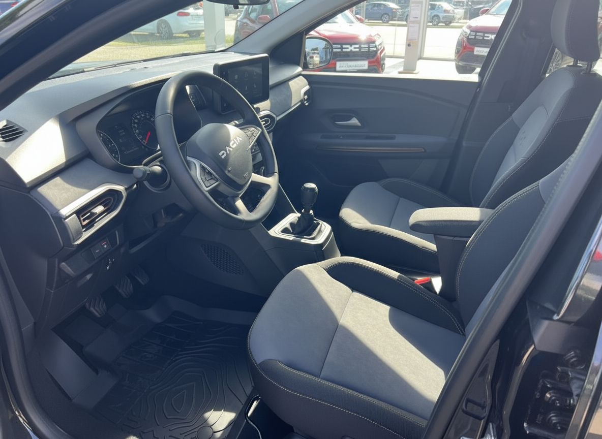 Dacia Innenraum mit Stoffsitzen, Lenkrad, Infotainment-Display und Schaltgetriebe im Autohaus