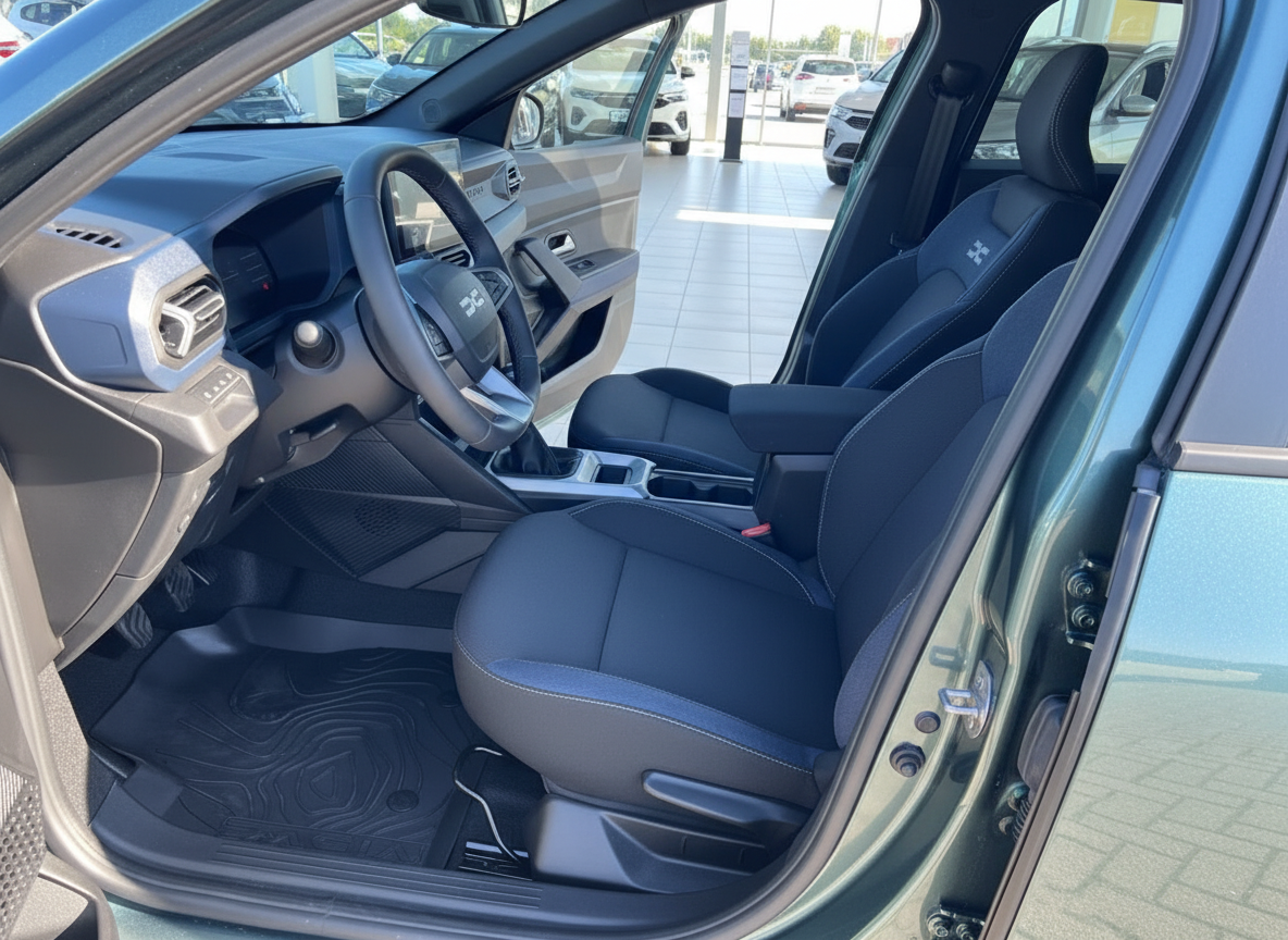 Dacia Innenraum mit schwarzen Stofssitzen, Lenkrad und Mittelkonsole im Autohaus