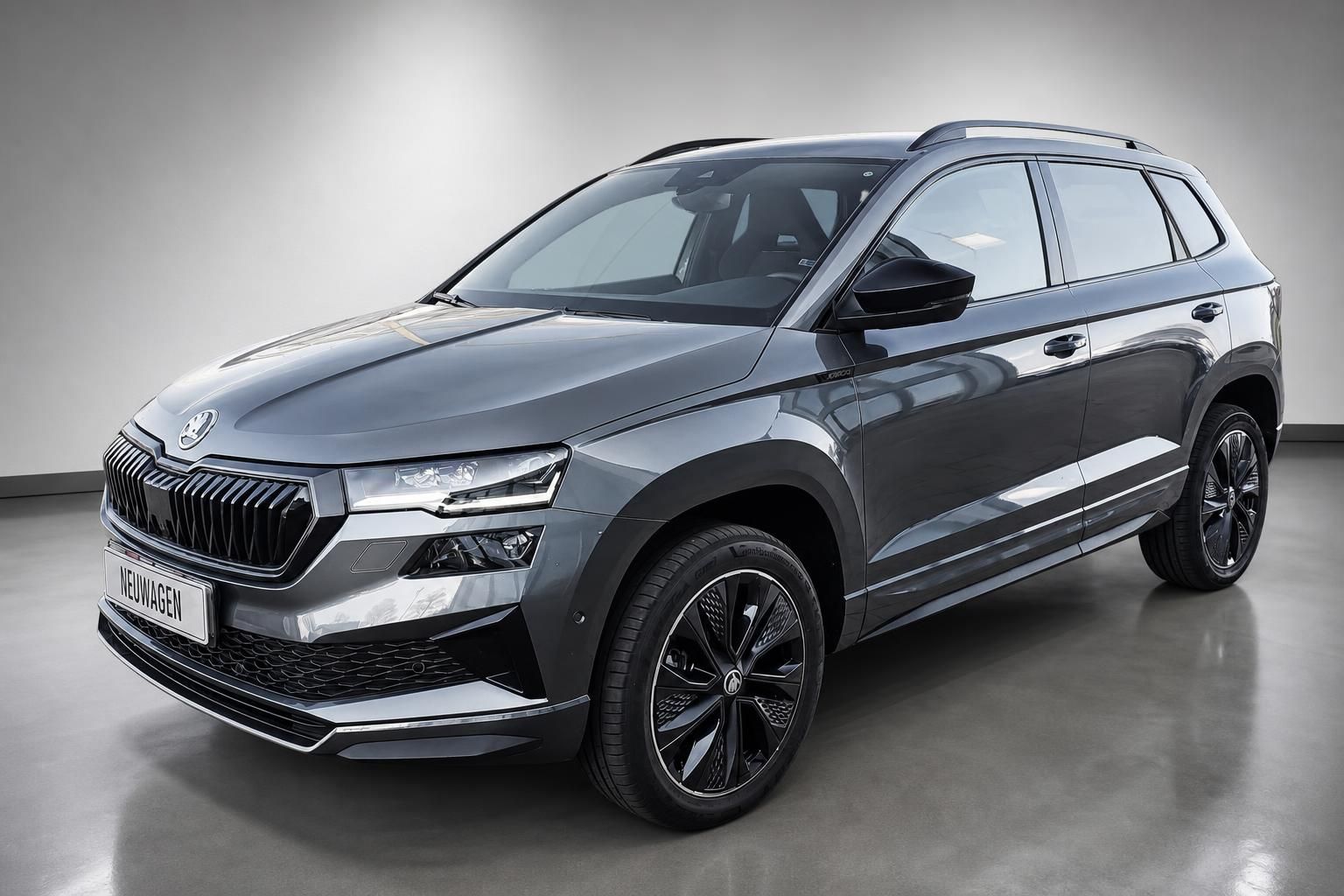 Skoda Karoq Neuwagen Frontansicht schraeg in Grau