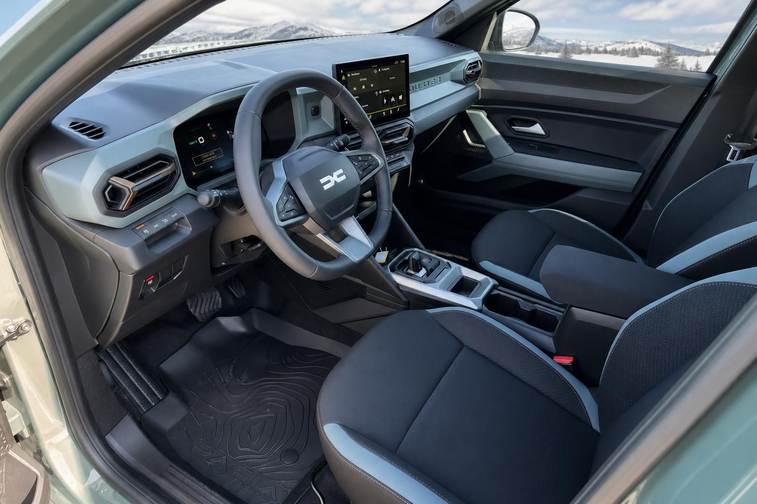 Modernes Fahrzeug-Cockpit mit Lenkrad, Touchscreen und schwarzer Innenausstattung