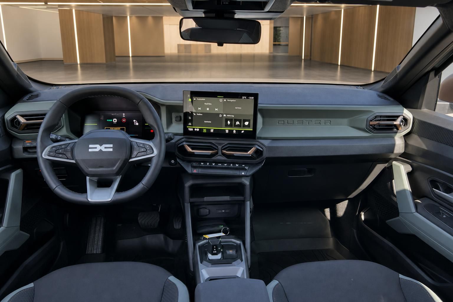 Fahrzeug-Dashboard mit Touchscreen Display, Lenkrad und moderner Mittelkonsole - Innenraum