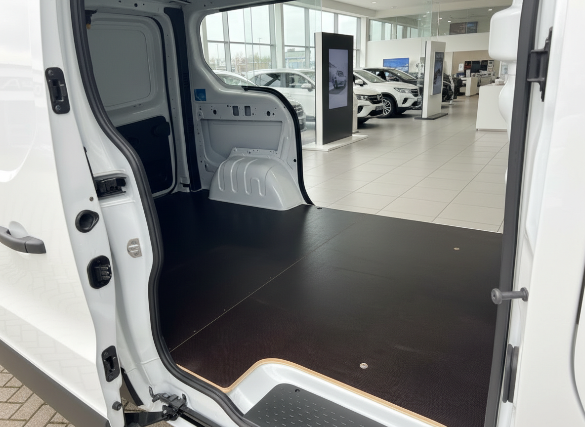 Weißer Transporter Laderaum mit schwarzem Holzboden im Autohaus
