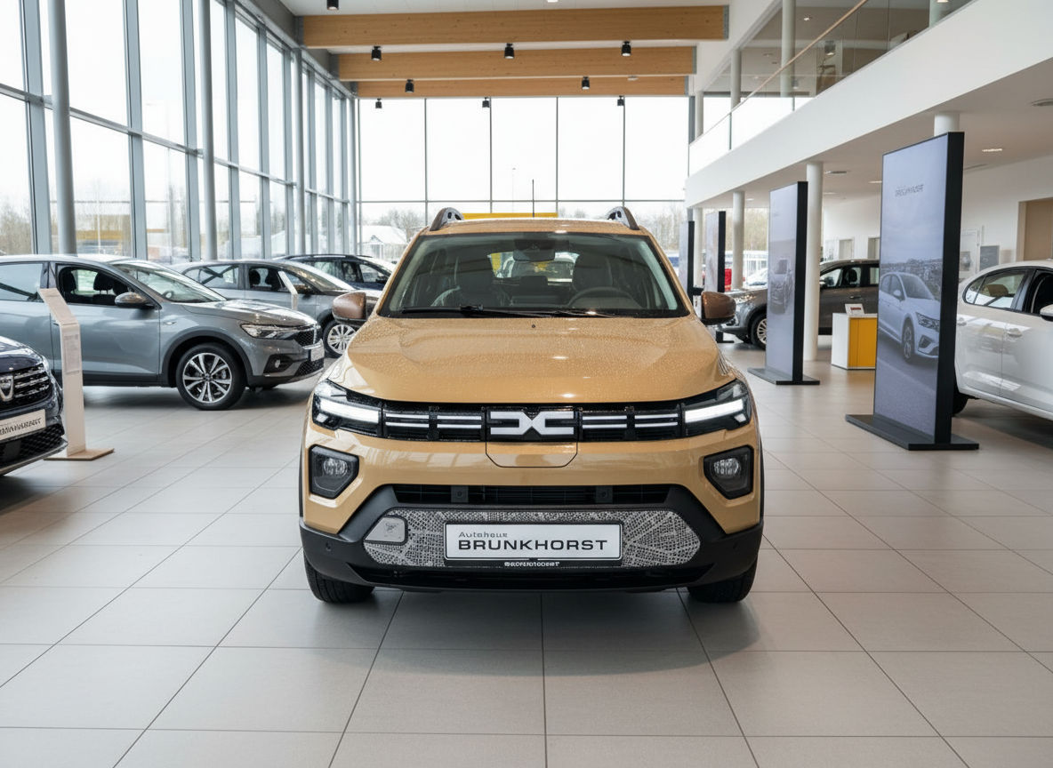 Dacia Spring SUV in Gold-Beige Frontansicht im Autohaus Brunkhorst Showroom