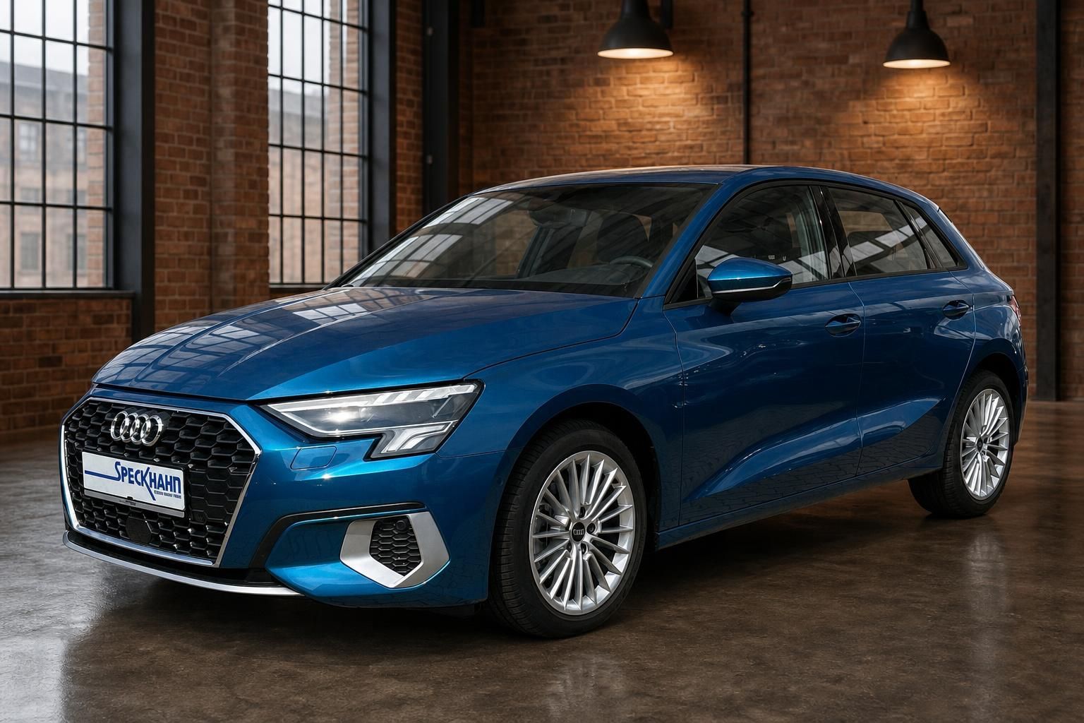 Audi A3 Sportback blau Frontansicht schräg – Händler Speckhahn, LED-Scheinwerfer, Alufelgen