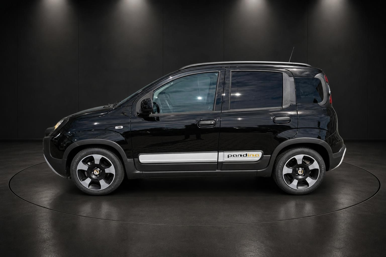 Fiat Pandina schwarz Seitenansicht mit Zierleisten und Alufelgen