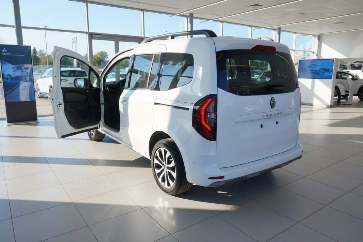 Renault Kangoo E-Tech Larood in Weiß im Autohaus Showroom mit geöffneter Schiebetür