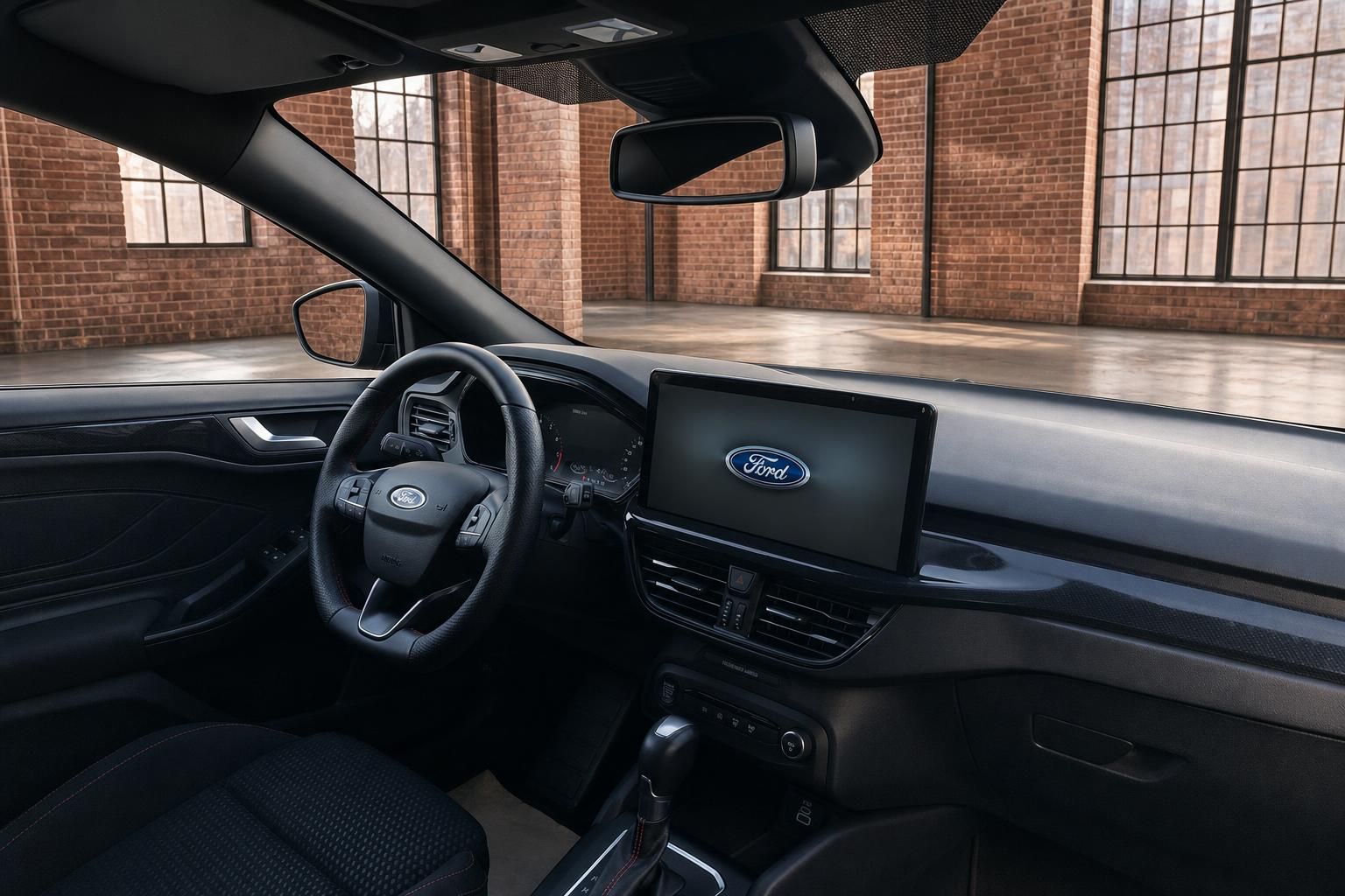 Ford Focus Innenraum mit Lenkrad, großem Touchscreen mit Ford-Logo, Mittelkonsole und schwarzen Sportsitzen