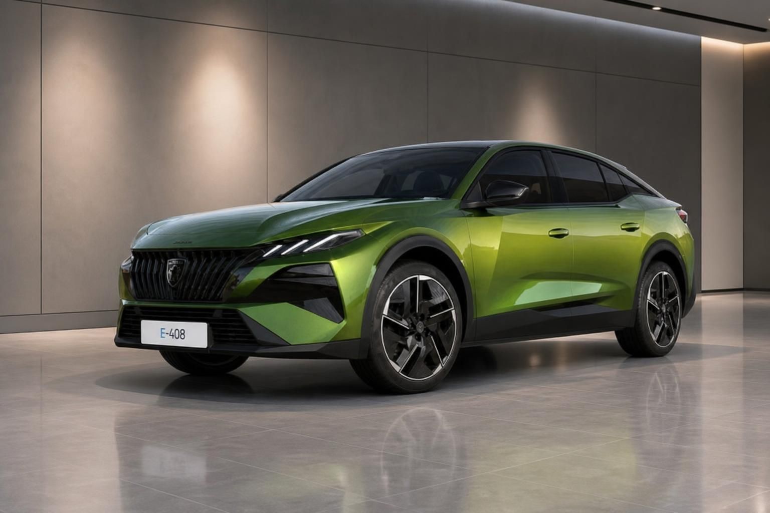 Peugeot E-408 gruen, Seitenansicht schraeg vorne im Showroom