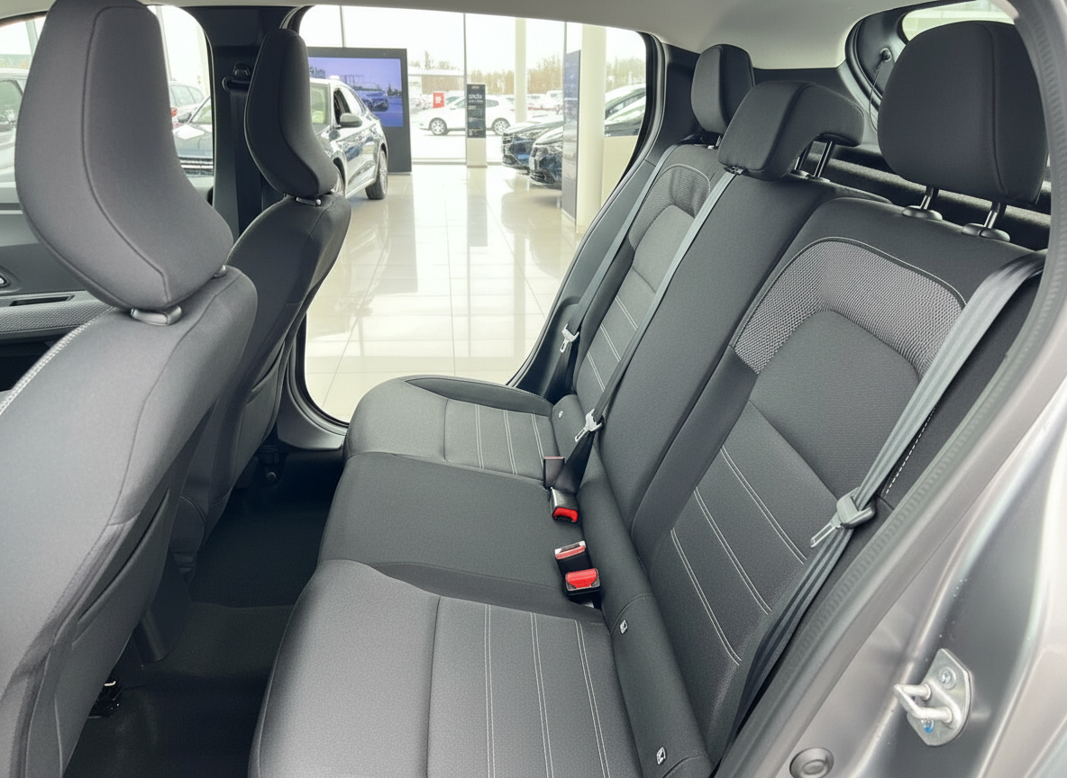 Rücksitzbank mit schwarzen Stoffsitzen und Sicherheitsgurten im Fahrzeuginnenraum im Autohaus