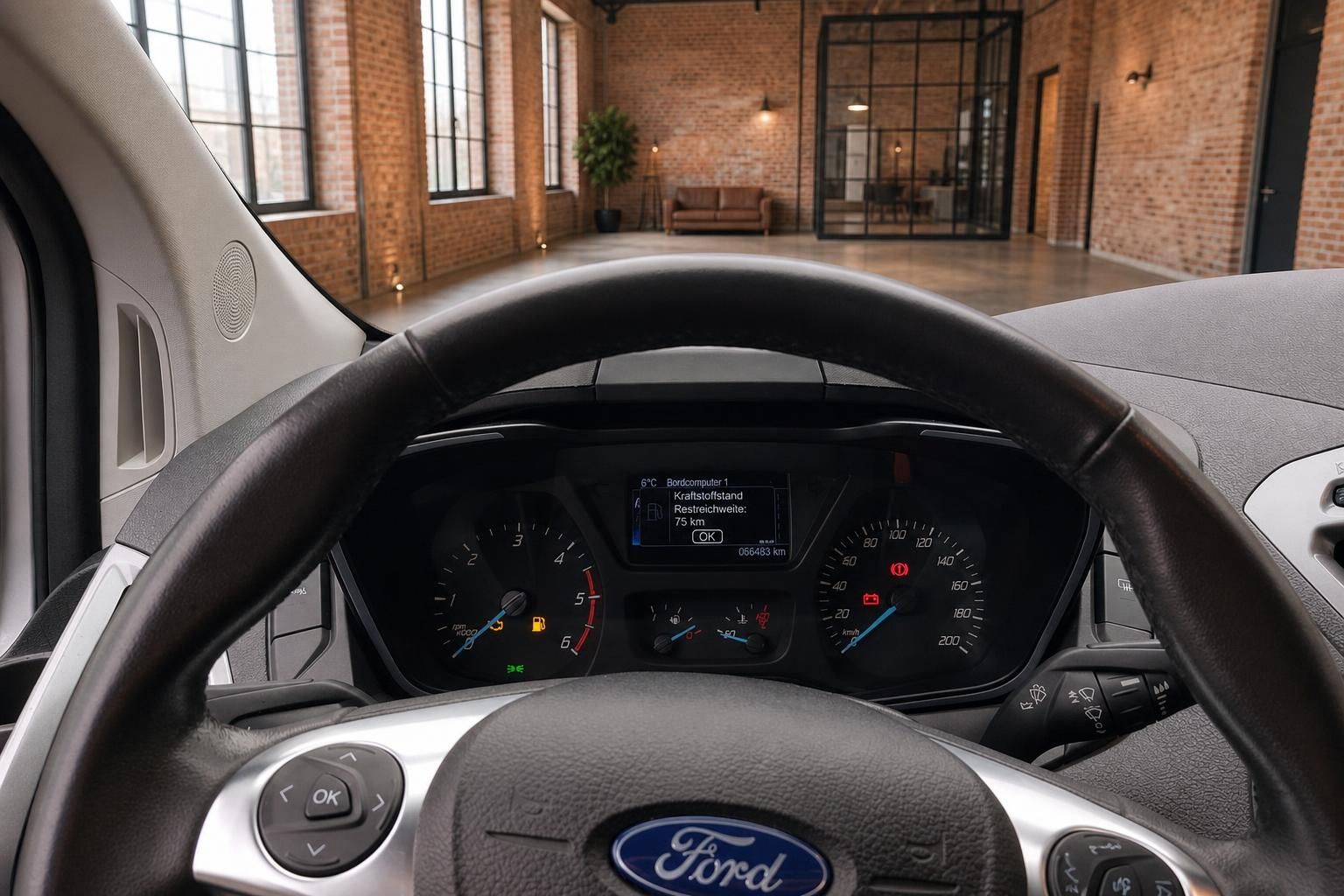 Ford Tacho mit Bordcomputer und Kraftstoffanzeige, Blick durchs Lenkrad