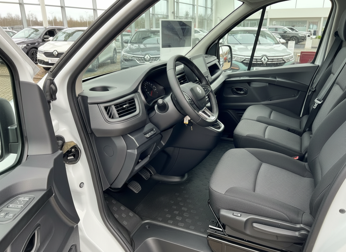 Renault Trafic Innenraum – Fahrerseite mit Lenkrad, Cockpit und Sitze in weiß