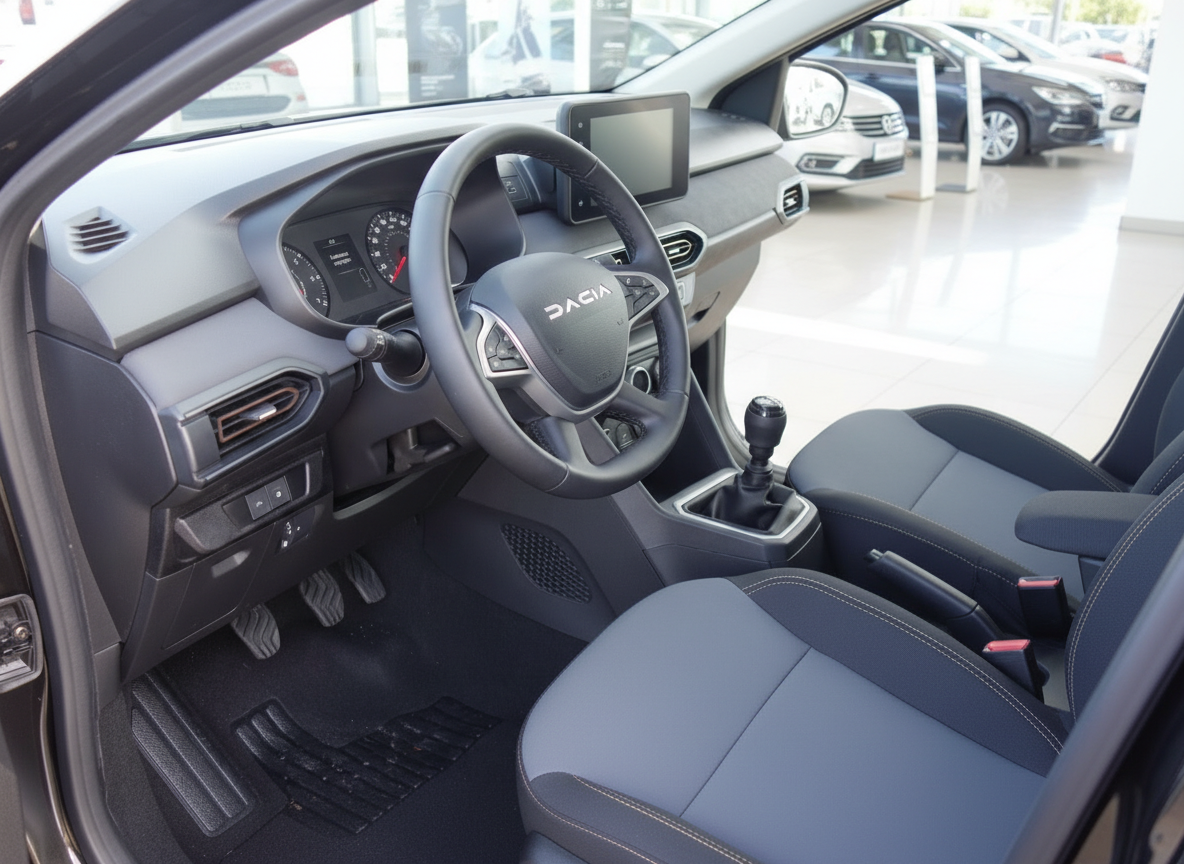 Dacia Innenraum mit Lenkrad, Schaltgetriebe und Infotainment-Bildschirm im Autohaus
