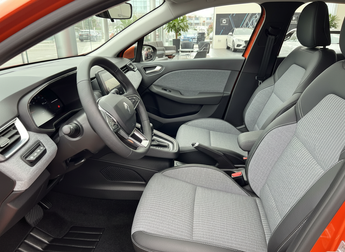 Innenraum Renault Captur mit grau-schwarzen Stoffsitzen, digitalem Cockpit, Multifunktionslenkrad und modernem Armaturenbrett im Autohaus