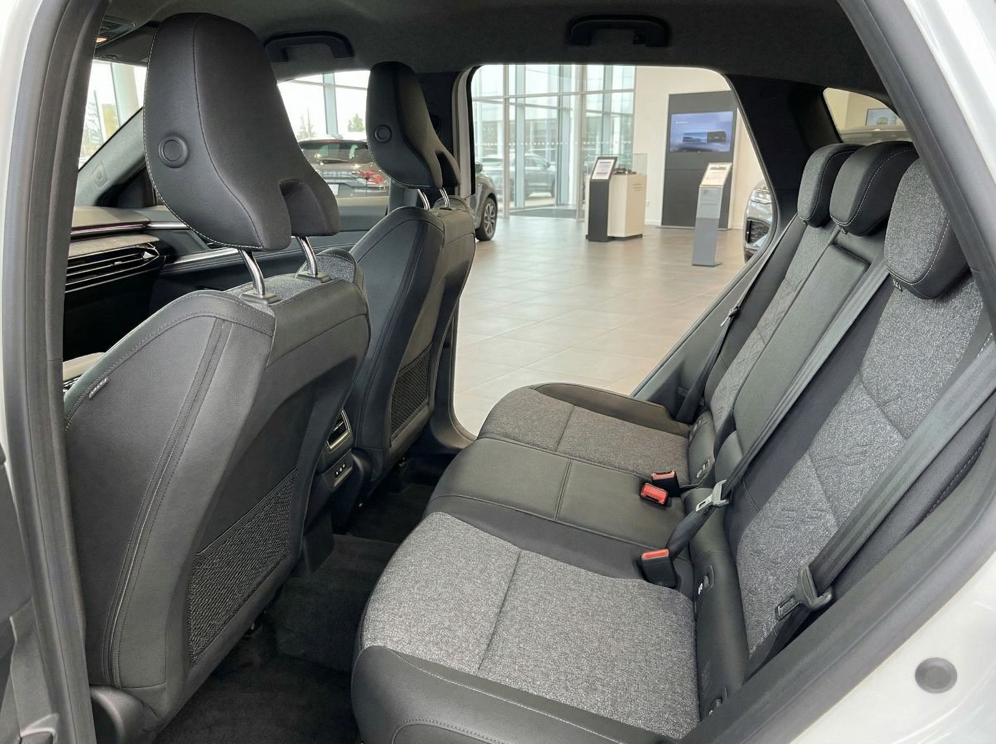 Rücksitzbank eines Fahrzeugs mit grauen Polstern und Sicherheitsgurten