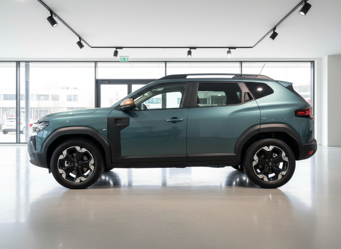 Dacia Duster SUV in Grün Seitenansicht im Autohaus Showroom