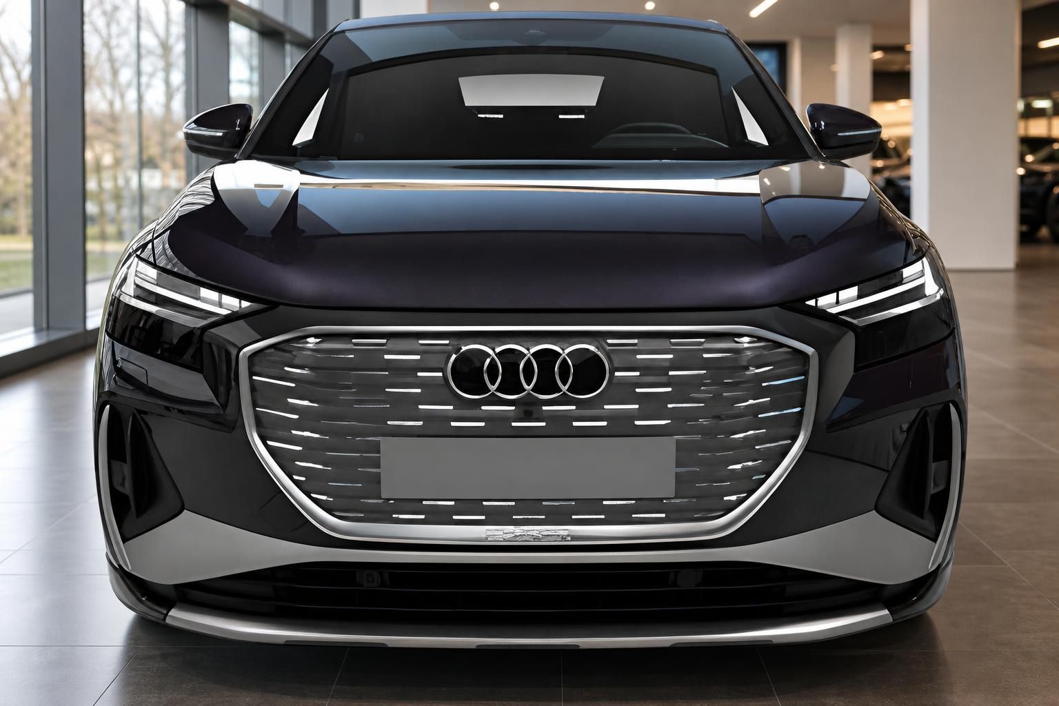 Audi Q4 e-tron Frontansicht mit Audi Ringen im Autohaus