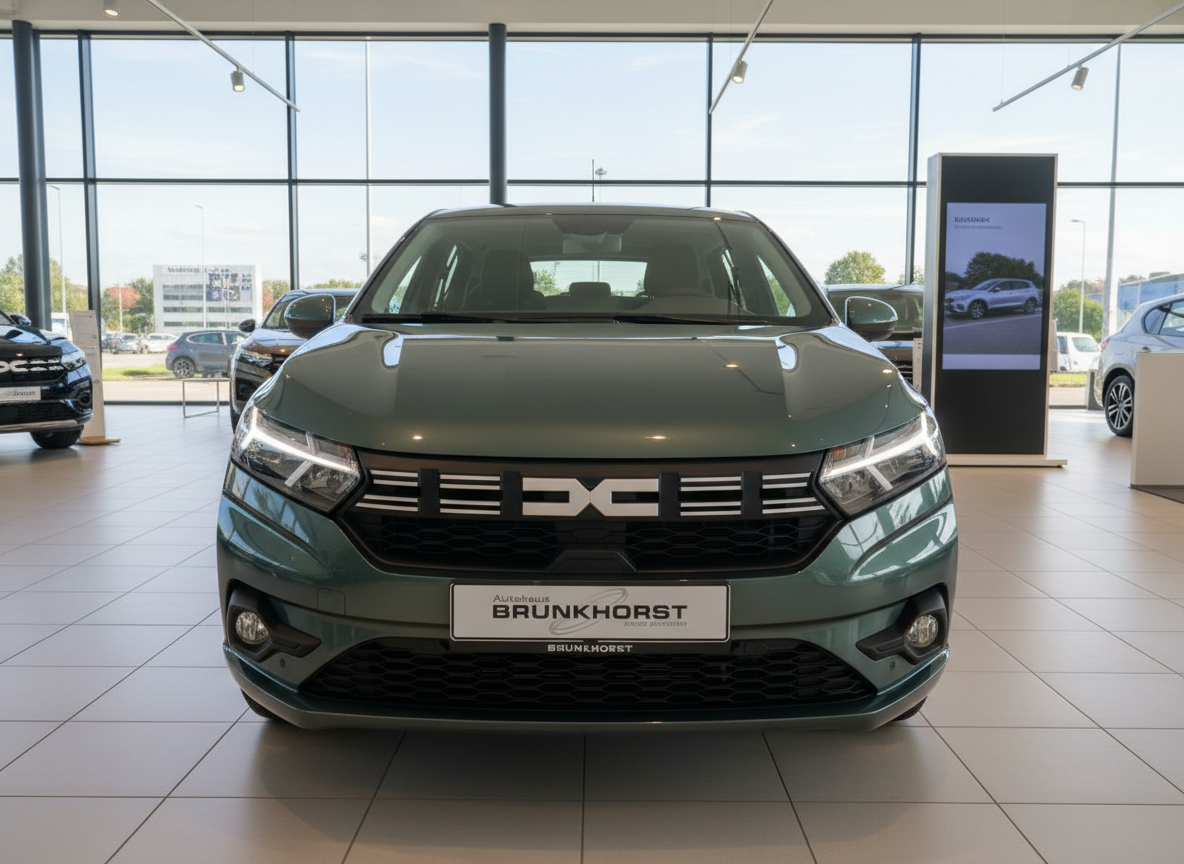 Dacia Sandero in Grün Frontansicht im Autohaus Brunkhorst Showroom