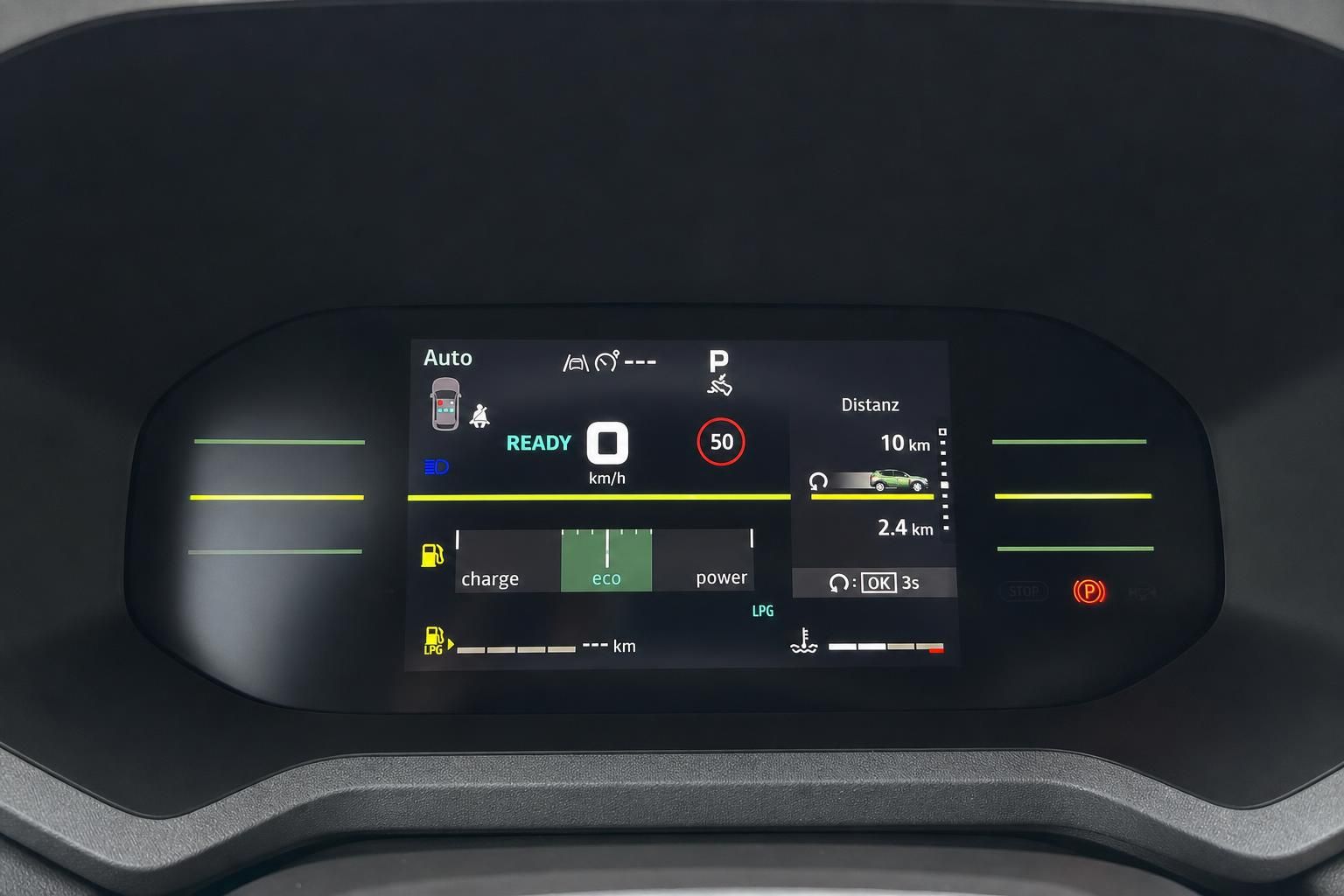 Digitales Kombiinstrument mit Eco-Modus, LPG-Anzeige, Geschwindigkeitsanzeige 50 km/h und Distanzwarner