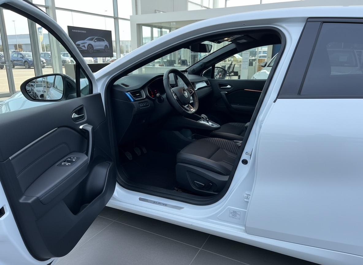 Renault Arkana Alpine Innenraum weiß – Fahrertür geöffnet, Cockpit und Ledersitze im Autohaus