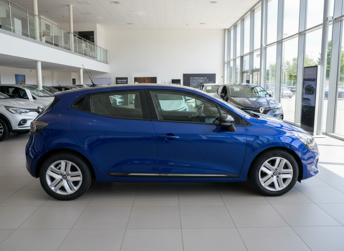 Blauer Renault Clio Fünftürer in Autohaus-Showroom Seitenansicht