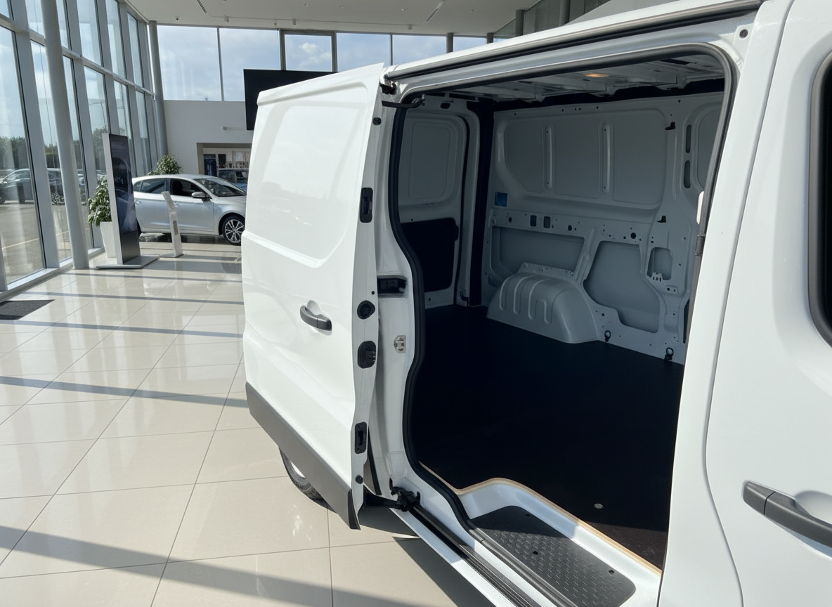 Weißer Kastenwagen mit geöffneter Schiebetür zeigt leeren Laderaum im Autohaus