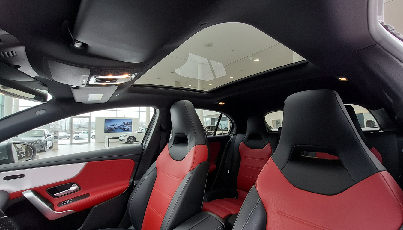 Innenansicht eines Mercedes-Benz mit sportlichen rot-schwarzen Ledersitzen, Panorama-Glasdach und modernem Armaturenbrett im Autohaus-Showroom