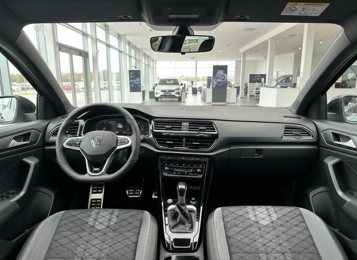Volkswagen T-Cross Innenraum mit Cockpit, Lenkrad und Schaltgetriebe im VW-Autohaus