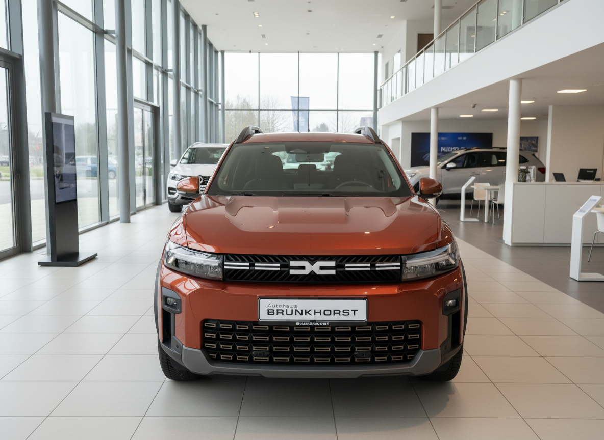Dacia Duster SUV in Orange-Braun Frontalansicht im Autohaus Brunkhorst Showroom