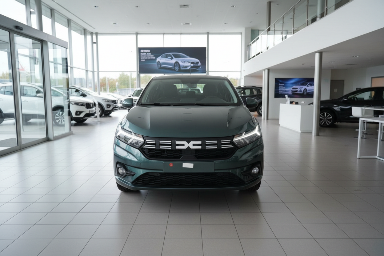 Dacia Sandero in Dunkelgrün Frontansicht im Autohaus Showroom