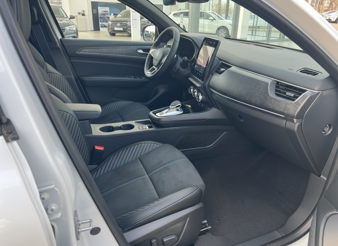 Renault Austral Innenraum mit schwarzen Ledersitzen, Touchscreen und modernem Cockpit im Autohaus