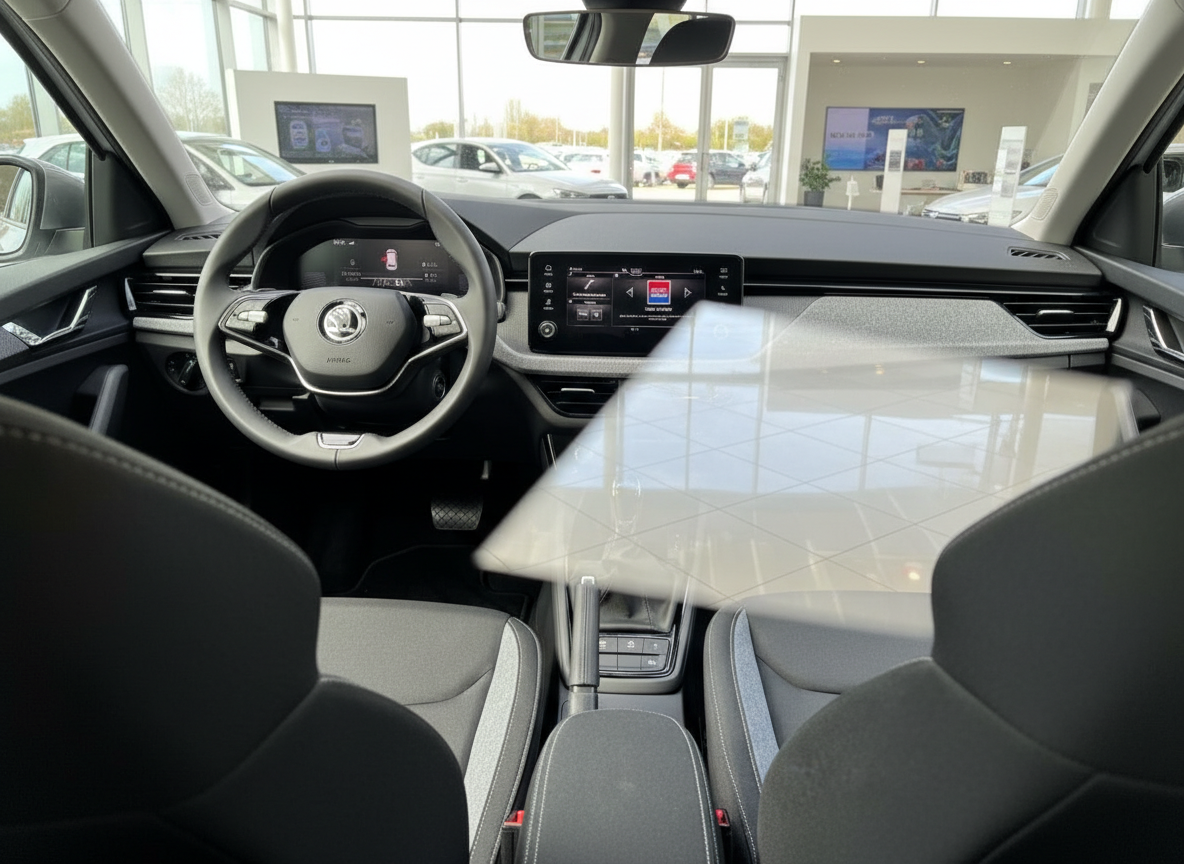 Škoda Innenraum mit Lenkrad, Infotainment-Display und schwarzem Leder-Interieur im Autohaus