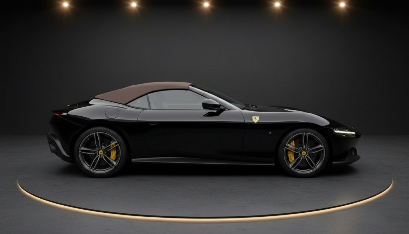 Ferrari Roma Spider Cabriolet in Schwarz mit braunem Softtop und gelben Bremssätteln