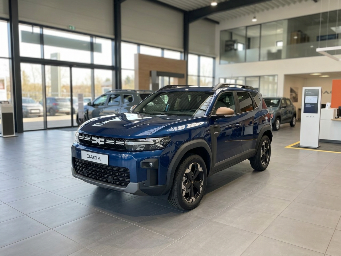 Dacia SUV in Dunkelblau metallic im Autohaus Showroom – Frontansicht