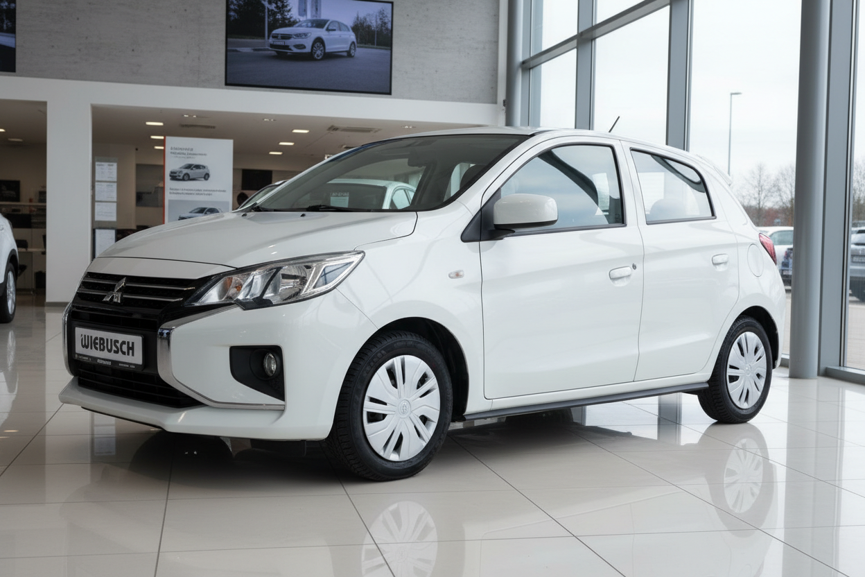 Weißer Mitsubishi Space Star Kleinwagen im Autohaus Wiebusch Showroom