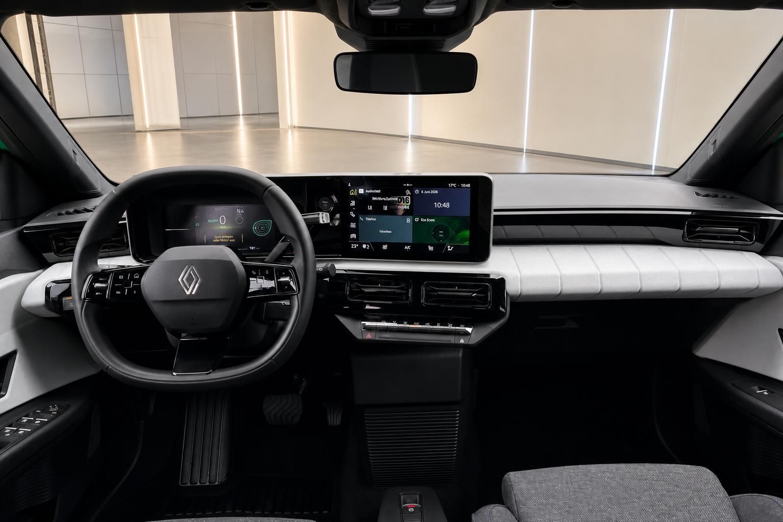 Modernes Renault Cockpit mit digitalem Armaturenbrett, Touchscreen und hellem Innenraum-Design