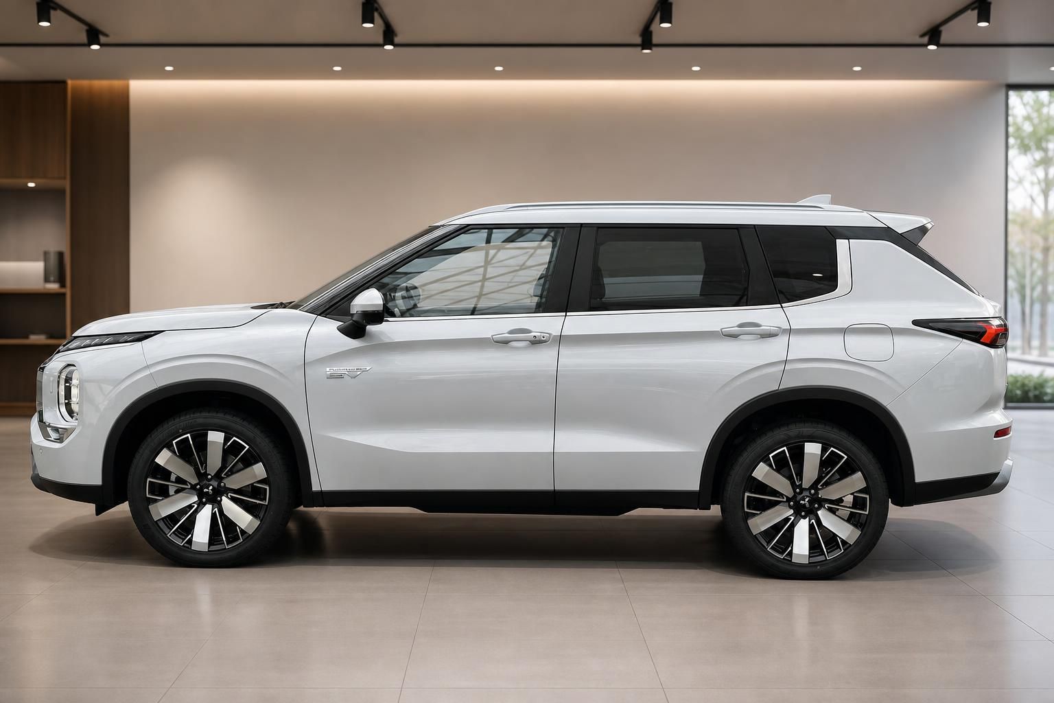 Mitsubishi Outlander PHEV weiss Seitenansicht links im Autohaus mit Alufelgen