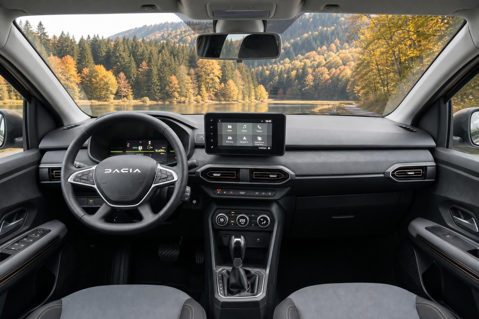Dacia Jogger Armaturenbrett Innenansicht mit Touchscreen und Berglandschaft