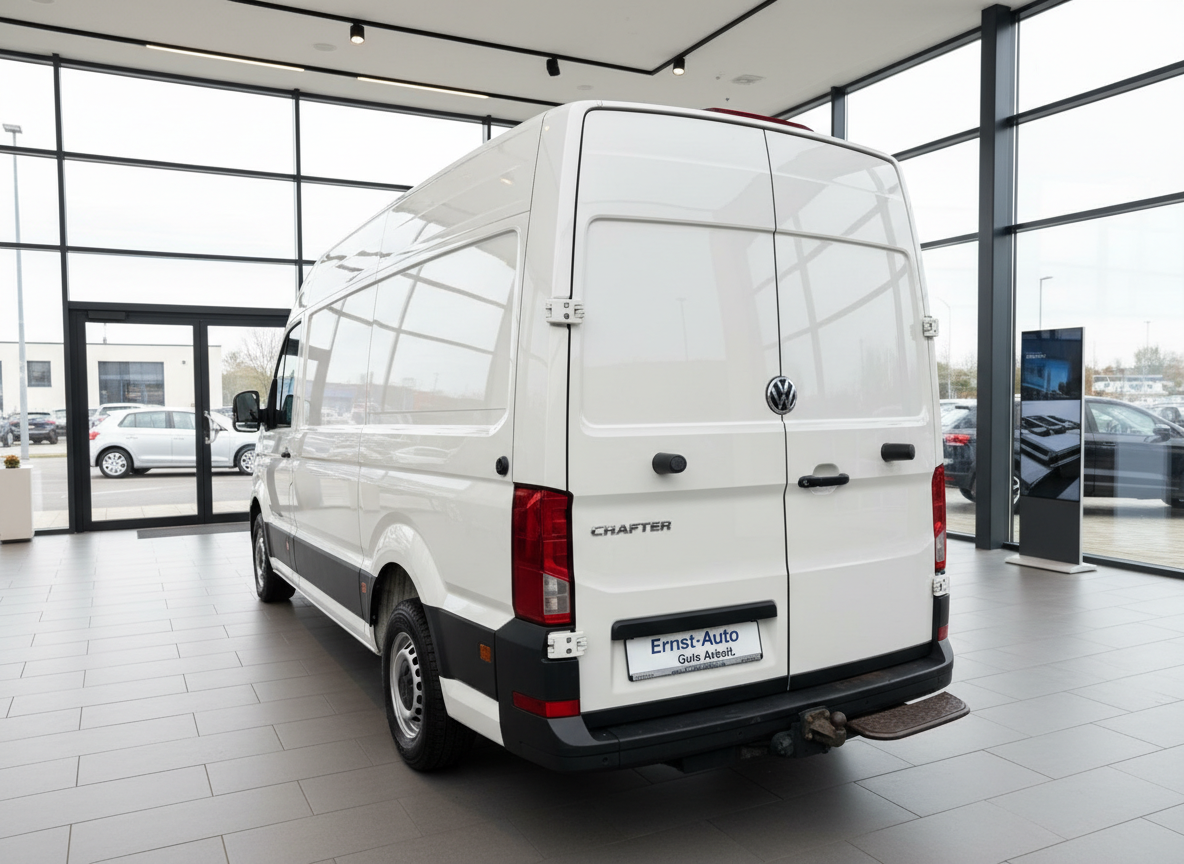 Volkswagen Crafter Kastenwagen Hochdach in Weiß im Autohaus Showroom – Heckansicht