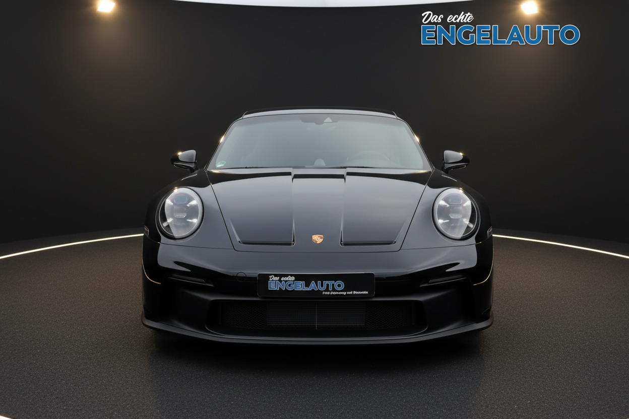 Schwarzer Porsche 911 GT3 Frontalansicht im Showroom bei Engelauto - Sportwagen mit charakteristischen Rundscheinwerfern und Porsche Emblem