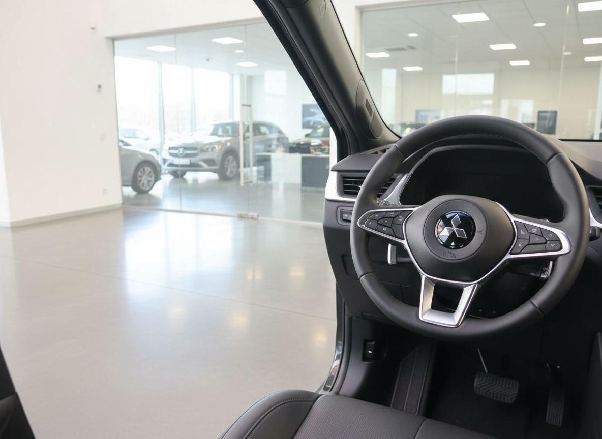 Mitsubishi Innenraum mit Lenkrad und schwarzem Leder in modernem Autohaus