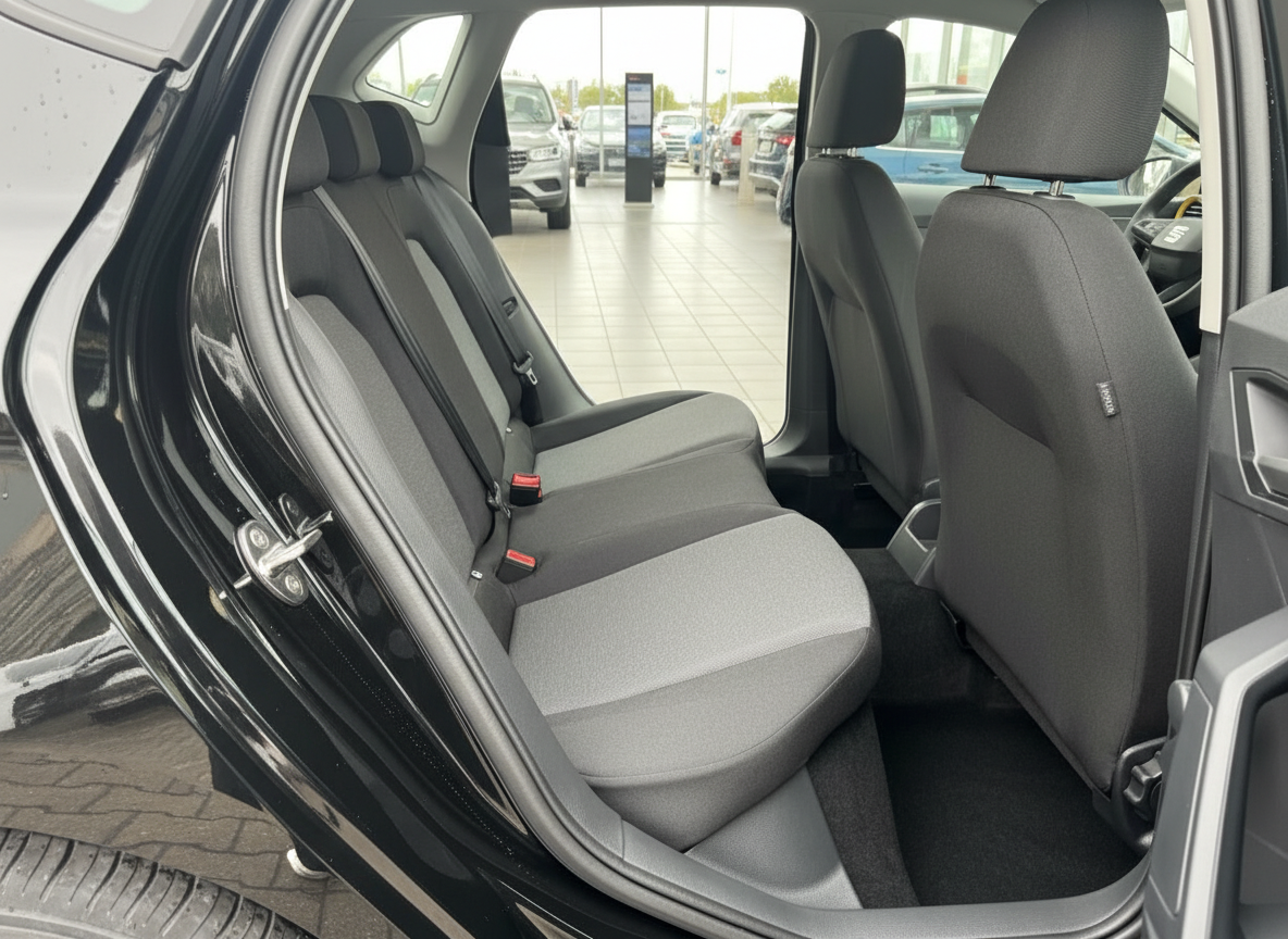 Innenraum Rücksitzbank eines schwarzen PKW mit grau-schwarzem Stoffbezug im Autohaus