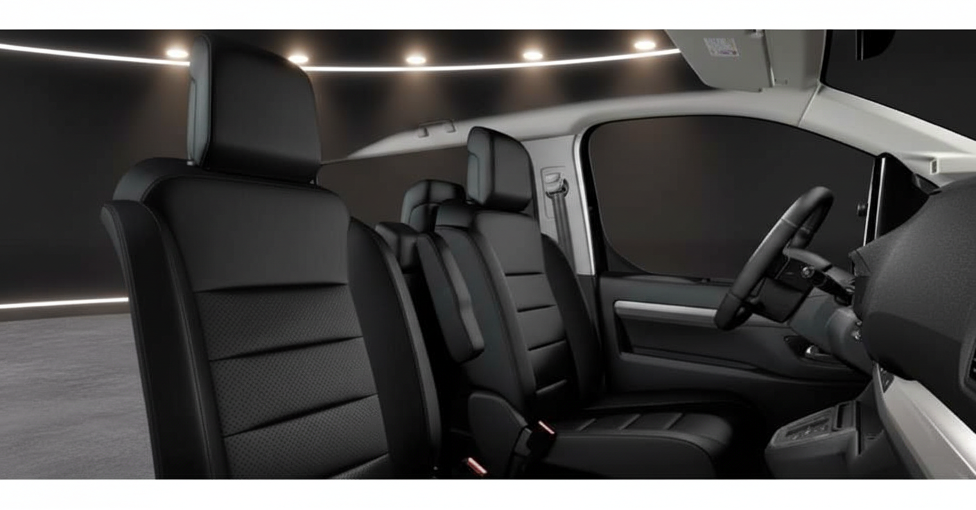 Fahrzeuginnenraum mit schwarzen Ledersitzen und Lenkrad in dunklem Studio-Setting