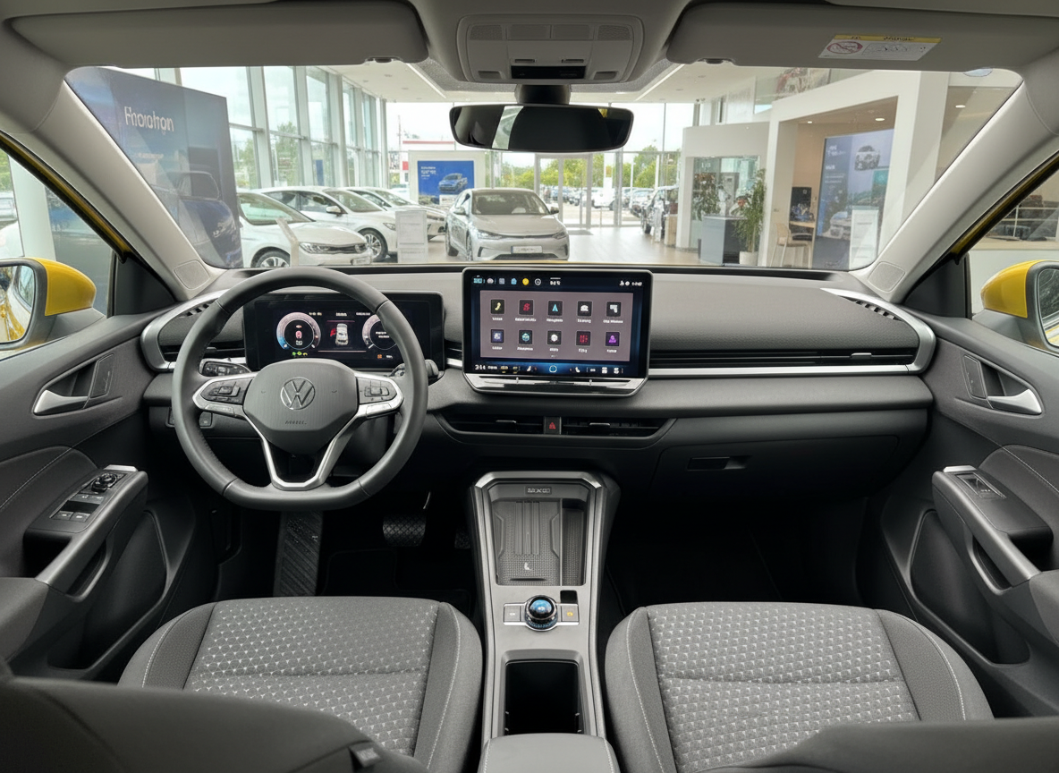 Volkswagen ID.4 Innenraum mit Lenkrad, Infotainment-Display und grauem Stoffsitzbezug im VW-Autohaus