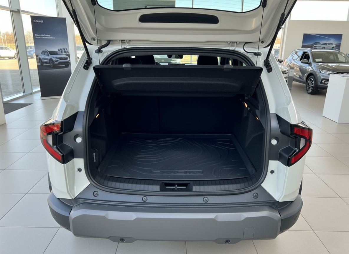 Weißer SUV Kofferraum geöffnet im Autohaus – Laderaum mit schwarzer Gummimatte