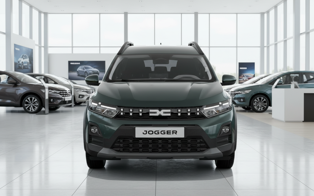 Dacia Jogger Frontansicht in Dunkelgrün im Autohaus Showroom